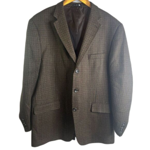 Stafford Essentials Brown Houndstooth 100% Lambswool Sport Coat Mens Sz 44R - Picture 1 of 13